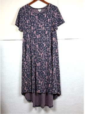 LuLaRoe Carly High Low Swing Dress Blue Jacquard Pink Arrows Medium Womens 10-12